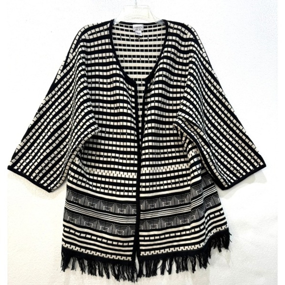 Chico's Black & White Print Open Fringe‎ Hem Cardigan 100% Cotton Size 3 / XL